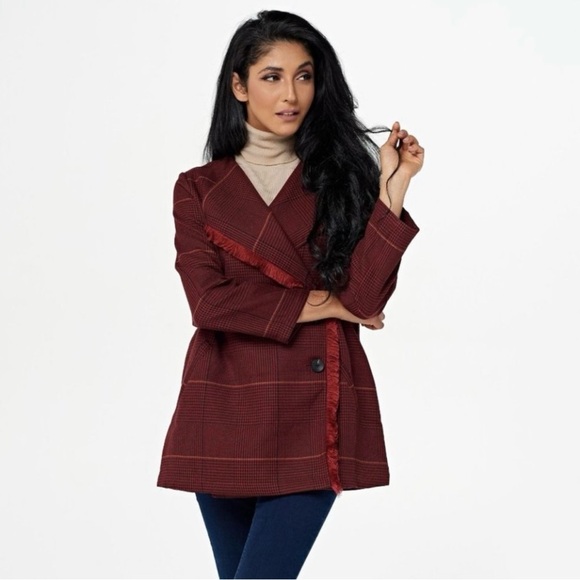 Zara Red Blazer Wrap-Front Wool-Blend - Picture 1 of 16